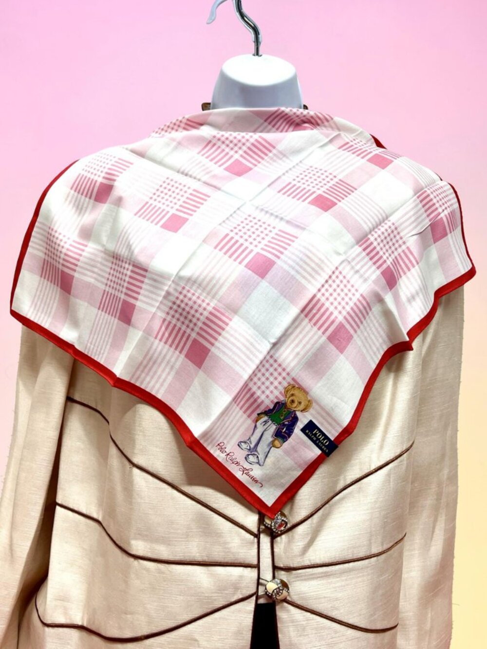 Polo Ralph Lauren Handkerchief /Mini Scarf 19" pink white check with bear(84) - Picture 1 of 14